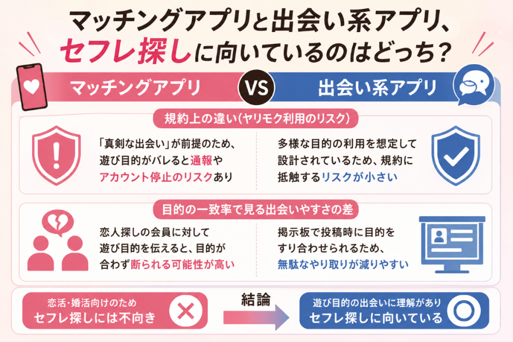 マッチングアプリと出会い系アプリ、の違いを解説。セフレ探しに向いているのはどっち？